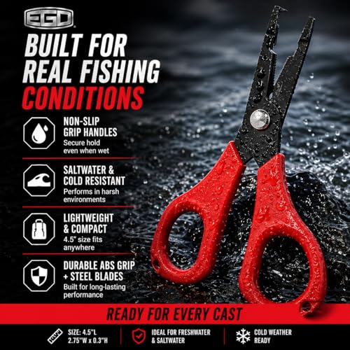 Ego Heavy Duty Anti Slip Fishing Line Cutter with Split Ring Jaw On The End, Saltwater and Cold Water Resistant Fishing Gear Scissor, Serated Fish Shears with Split Ring Function