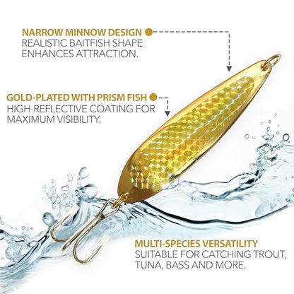 Crocodile Spoon Fishing Lures 2oz, 6 Pcs Gold with Treble Hooks, for Saltwater & Freshwater Casting, Includes Durable Hook Setup, Ideal for Tuna, Bass, Trout & Walleye