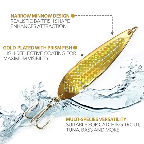 Crocodile Spoon Fishing Lures 3oz, 6 Pcs Gold with Gold Tape and Treble Hooks, for Saltwater & Freshwater Casting, Includes Heavy-Duty Hook Setup, Ideal for Tuna, Bass, Trout, Walleye & More