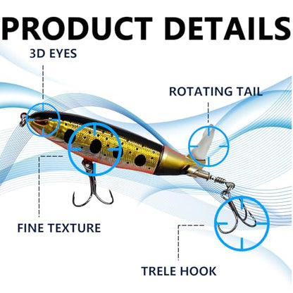 1-Pack Topwater Fishing Lures & Crankbaits Set - High-Action Popper Bass Lures with Rotating Tail, Saltwater/Freshwater Hard Baits for Trout, Pike, Catfish | Vibrating Lure Kit with Storage Box - color: yellow