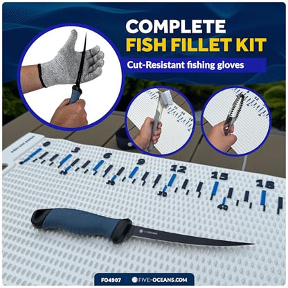 Five Oceans Nonslip Fish Fillet Mat Kit 28" x 14", White - Complete Fish Cleaning Set with Knife, Cut-Resistant Gloves, Fish Scaling Tool & Scrubbing Brush for Home Kitchen, Patio & Outdoor - FO4907 - color: Fish Fillet Mat Kit