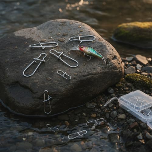 100-Pack Fishing Snap Connectors, Stainless Steel Lure Snaps for Quick Tackle Swapping, Assorted Sizes Saltwater and Freshwater Terminal Tackle Accessories - size: 3.94 x 3.15 x 0.98"