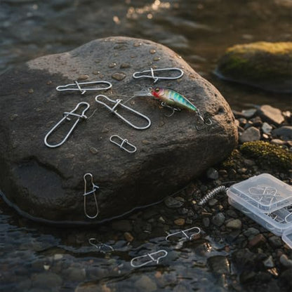 100-Pack Fishing Snap Connectors, Stainless Steel Lure Snaps for Quick Tackle Swapping, Assorted Sizes Saltwater and Freshwater Terminal Tackle Accessories - size: 3.94 x 3.15 x 0.98"