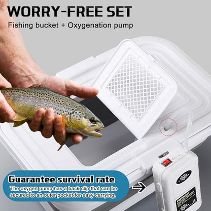 2 Pcs Fishing Bucket and Live Bait Aerator, 13L Foldable Multi Functional Live Bait Bucket Portable Quiet Aerator 14 Quarts Collapsible Fish Transport Container for Outdoor Fishing