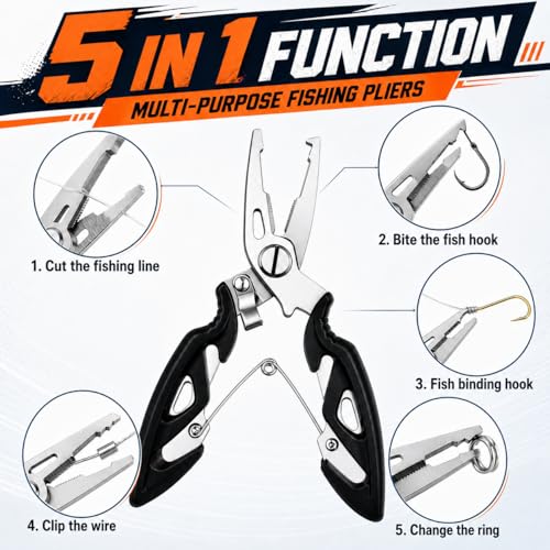 200PCS Fishing Split Rings Kit, Split Ring Pliers & 4.7'' Fish Lip Gripper, 5 Sizes Heavy Duty Stainless Steel Lure Hook Connectors, 30-120lb Tackle Assortment for Saltwater Freshwater Fishing