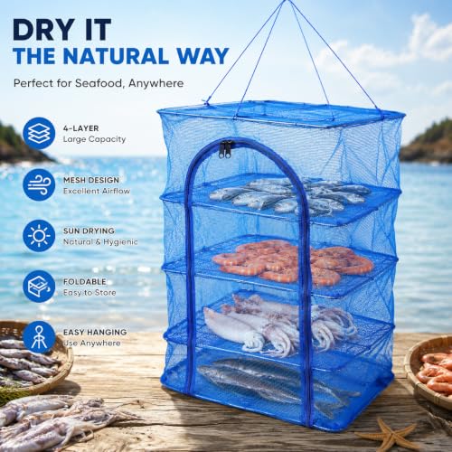 Toddmomy Foldable Fish Drying -Layer Hanging Mesh Dryer for Shrimp Fish Fruit Vegetables Lightweight Quick-Dry Cage with Buckle 25.98 X 15.74 X 15.74 in for Indoor Outdoor Use