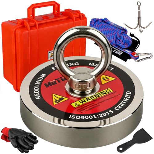 MUTUACTOR Powerful Fishing Magnet Kit Heavy Duty,1400lbs Φ4.21” Permanent Neodymium Magnets,Rare Earth Magnets with 65FT Rope Gloves for Treasure Hunting Metal Retrieval Underwater Searching - style: 1400lb Magnet with Box--Φ 4.21"