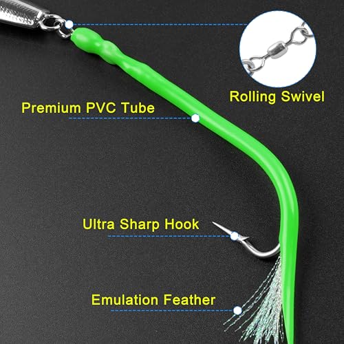 Diamond Jig Saltwater Fishing Lures Casting Jigging Spoon with Tube Tail Stainless Steel Hooks Trolling Lures Striped Bass Metal Jig for Deep Sea Surf Fishing Bottom Dragging Sinking - color: Green, size: 10 oz