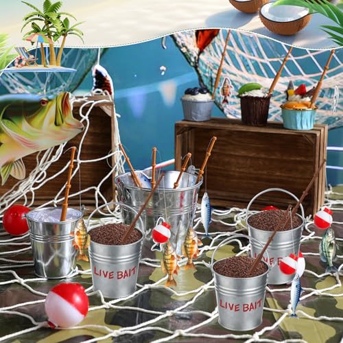 Soulchen 24 Pcs Mini Fishing Birthday Party Decorations Include 12 Fish Cupcake Pole Picks 12 Mini Tackle Live Bait 12 Bobber for Gone Fishing Theme Supplies Ocean Party Cake Decoration - style: Live Bait