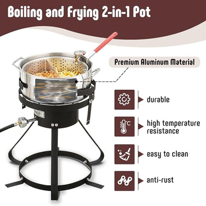 Feasto 10 Qt Outdoor Propane Gas Fish Fryer Pot Kit with Strainer Basket | Aluminum, 50,000 BTU Burner, Adjustable 0-5 PSI Regulator, Perfect for Boiling and Frying - size: 10