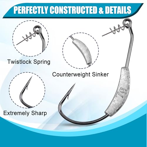 Weighted Swimbait Hooks for Bass Fishing,15 Pack Jig Heads Worm Weedless Fishing Hooks with Twist Lock for Soft Plastics Worm Weighted Hooks Saltwater Freshwater - size: 5/0_7g_15pcs