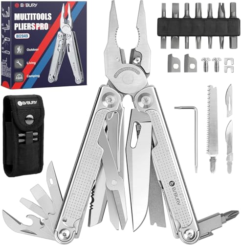 BIBURY Multitool Pliers Pro BI2049, EDC Multi Tool with 90HRA Replaceable YG12 Tungsten Wire Cutters, 440A Knife, T-Shank Wood Saw & Scissors, EDC Gear for Camping Hiking, Fathers Day Gift for Men - color: Silvery