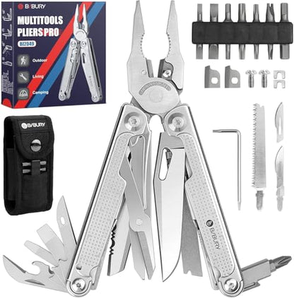 BIBURY Multitool Pliers Pro BI2049, EDC Multi Tool with 90HRA Replaceable YG12 Tungsten Wire Cutters, 440A Knife, T-Shank Wood Saw & Scissors, EDC Gear for Camping Hiking, Fathers Day Gift for Men - color: Silvery