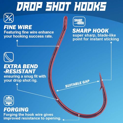 XFISHMAN Drop-Shot-Hooks-for-Bass-Fishing-Split-Shot-Dropshot-Hook-50 Pack - color: Red, size: #2