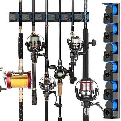 PLUSINNO Fishing Rod Holders - V6 Vertical Support for Extra Large & Heavy Fishing Rod Combos, Garage & Wall Mounted Rack Storage - style: Upgraded 1pack (Support Heavy rod combos)