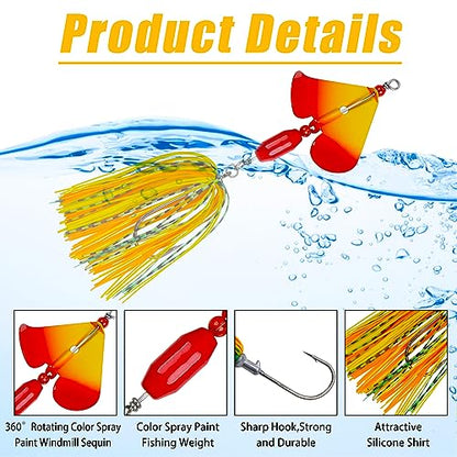Spinnerbait Fishing Lures Kit, 6pcs Bass Fishing Buzzbait Lures Hard Metal Spinner Baits Swim Jigs for Bass Trout Salmon Pike Freshwater Saltwater