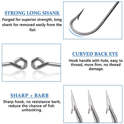 O'shaughnessy Saltwater Fishing Hooks Kit, 100pcs Long Shank Stainless Steel Sea Hooks Assortment for Freshwater and Saltwater