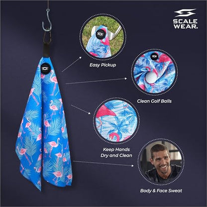 Magnetic Microfiber Waffle Golf Towel – Large 16"x24" Clean Golf Club Ball Magnet Clip to Hang on Bag Cart Strong Premium Strength Ultra Absorbent Gear Blue Men (Flamingo Blue Palms) - color: Flamingo Blue Palms