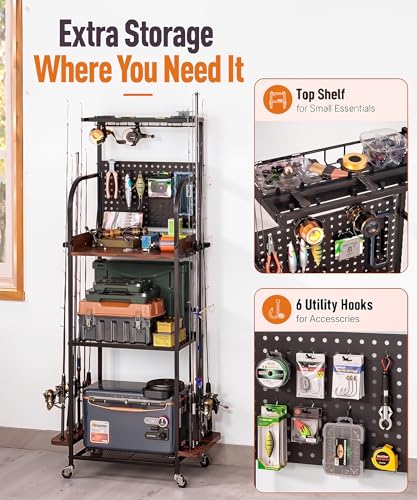 Homde Fishing Rod Holders for Garage: Large Capacity Fishing Equipment Holder up to 12 Rods - Mobile Tackle Storage Cart with Pegboard and Hooks for Tackle Box Organizers and Storage