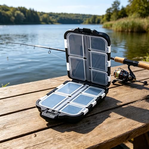 10 Compartments Fishing Tackle Storage Box,Portable Hard Fishing Tackle Case,Small Durable Containers for Storing Hooks Lure Baits Jigs Swivels and Sinker(Black)