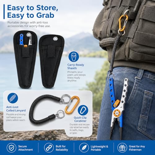 2 Pack Fishing Pliers Saltwater, Aluminum Fish Pliers with Black Sheath and Coiled Lanyard, Jaw Fishing Hook Remover, Split Ring Tool and Line Cutter for Boat, Kayak and Fly Fishing