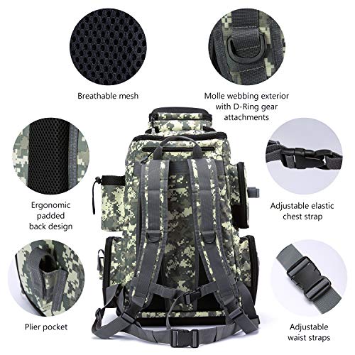 BASSDASH Fishing Tackle Backpack Water Resistant Tactical Bag Soft Tackle Box with Rod Holder and Protective Rain Cover - color: Jungle Camo Backpack [3670] With 4 Trays