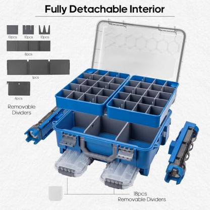 THKFISH Waterproof Double Side Tackle Box, Portable Storage Box with 2 Pack 3500 Stowaway Boxes & Rod Holders, Fishing Lure Organizer YellowPink/Green/Blue/Grey (L-Blue) - color: L-Blue