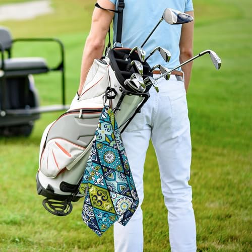 Blue Mandala Pattern Golf Towel for Golf's Bags Cart Rhombus Shapes Golf Towels with Clip Colorful Geometric Waffle Towels Bohemian Checkered Cleaning Cloth 2 Packs for Men, Birthday Present - color: Blue Green
