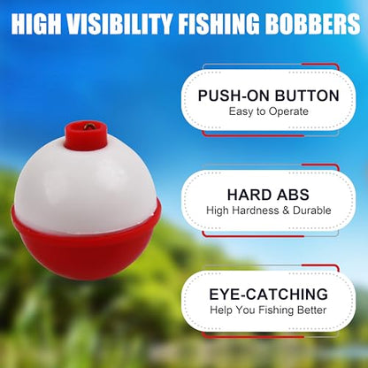 SILANON Fishing Bobbers Set Hard ABS Fishing Floats Bulk Snap on Round Bobbers for Fishing Push Button Fishing Bobbers Floats Assortment Red and White Buoy Floats 0.5-2.5inch - size: 1.5inch-25pcs