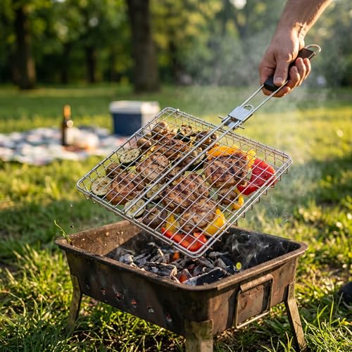 Stainless Steel Grill Basket, Foldable BBQ Grilling Baskets for Fish, Shrimp & Vegetables, Portable Outdoor Camping BBQ Rack, Heavy Duty Barbecue Accessories, Gift for Dad, Husband & Friends