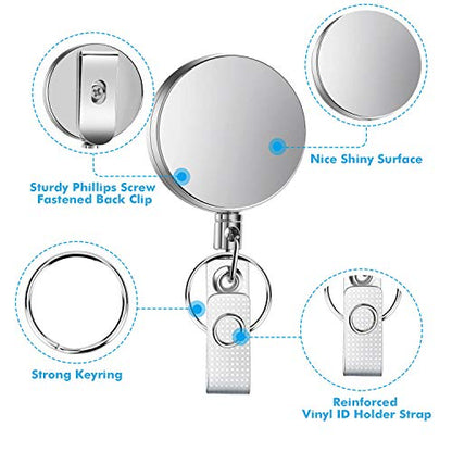Selizo 4 Pieces Retractable Badge Holder Heavy Duty Badge Reels ID Holder with Keychain Ring Clip for ID Card Carabiner Key Card Work Badge - color: Silver