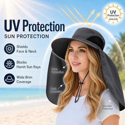 HUAMULAN Women Large Brim Sun Hat with Neck Flap, Men Quick Dry Hiking Fishing Safari Hat UPF 50+ - color: Yq005-darkgray