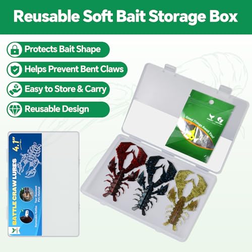 4.1" Crawfish Lure for Bass Fishing, Soft Plastic Craw Bait Kit with Removable Rattles & Jig Head, Reusable Bait Box for Freshwater Bass - color: blue, red, green