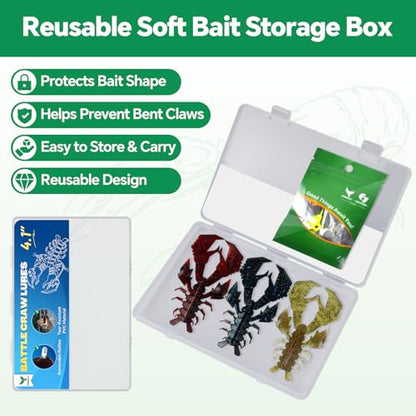 4.1" Crawfish Lure for Bass Fishing, Soft Plastic Craw Bait Kit with Removable Rattles & Jig Head, Reusable Bait Box for Freshwater Bass - color: blue, red, green