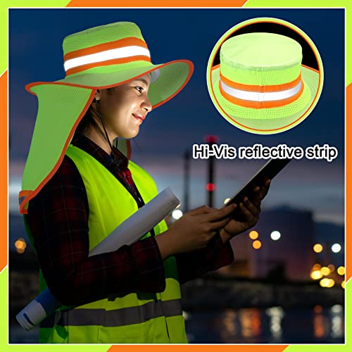 6 Pcs Reflective Safety Hat High Visibility Neck Flap Boonie Hat Wide Brim Work Hats Breathable Bucket Cap for Worker - color: Yellow