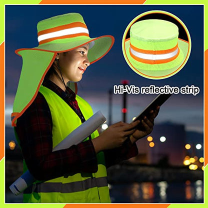 6 Pcs Reflective Safety Hat High Visibility Neck Flap Boonie Hat Wide Brim Work Hats Breathable Bucket Cap for Worker - color: Yellow