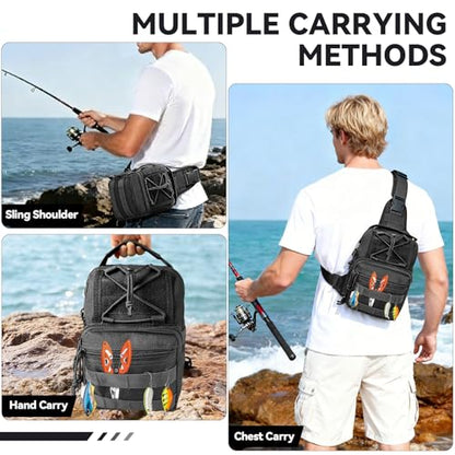Kynzo Fishing Sling Backpack with Rod Holder, Water-Resistant Fishing Tackle Bag, Durable Shoulder Crossbody Pack for Freshwater Saltwater Fishing (A-Black) - color: A-Black