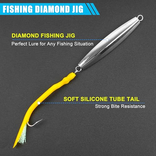 Diamond Jigs Saltwater Fishing Lures, 2Pack Casting Jigging Spoon with Tube Tail Striped Bass Metal Jig Spoons Deep Sea Offshore Surf Fishing 1oz-4oz - size: 1 Ounce, style: Yellow Tube, 2pack