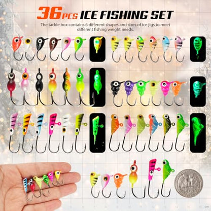 Ice Fishing Jigs Kit, 36/60/100pcs Micro Jig Heads Lures Hook Set for Winter Ice Jigging, Panfish, Perch, Trout, Bluegill, Walleye, Crappie Ice Fishing Lures Hooks Set with Storage Box - color: A -36pcs Ice fishing jigs (6 Style)