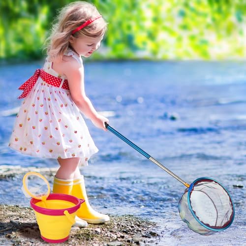 2 Pack Telescopic Kids Fishing Net with Handle, 2 Collapsible Bucket Sand Pail, Stainless Steel Foldable Fishing Net Small Fishing Butterfly Bug Net Beach Shovel with Storage Bag - color: Blue Red Yellow Green