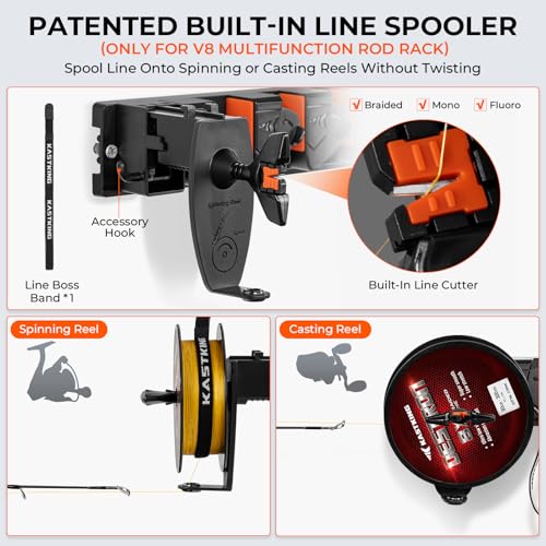 KastKing GravityLock Fishing Rod Holder, V8 & V9 2-Pack Wall Mounted Fishing Rod Rack, Holds up to 17 Fishing Rods or Combos, Universal Rod Storage System, Heavy-Duty Grip, Built-in Line Spooler - style: D:V8 & V9 (Store 17 Combos) - 2 Packs