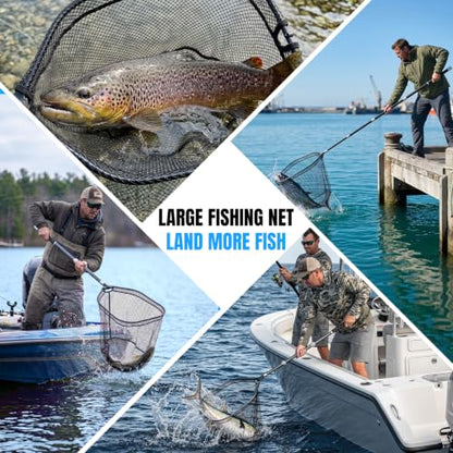 PLUSINNO Large Fishing Net, 3.4-7.7 FT Carbon Fiber Fish Net with Long Telescoping Handle, Kayak Fishing Gear Accessories Foldable Landing Net for Bass, Trout, Catfish, Fishing Gifts for Men Father - size: 7.7 FT ( 92.5") Full Length