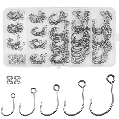 170pcs Inline Single Hooks Kit Single Replacement Inline Circle Hooks with Split Rings for Hard Lures Baits Freshwater Saltwater Fishing Tackle