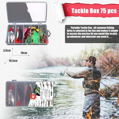 EXAURAFELIS Fishing Lures Tackle Kit, Mixed Hard & Soft Baits Metal Spoons Fishing Accessories for Bass Trout Pike Freshwater Saltwater Fishing - color: 75pcs