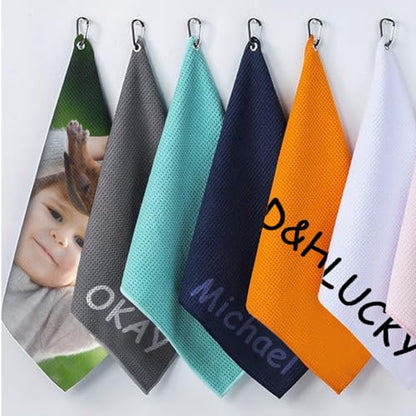 Personalized Logo Golf Towels,Custom Photo Picture Text Monogram Name Microfiber Gym Towel with Clip 12"x12" Small,Customized Women Men Golf Accessories Birthday Gifts for Kids Golf Fans Lover - size: 11.8-inch x 11.8-inch