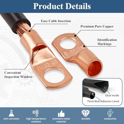 PEASUG Copper Wire Lugs 130Pcs, AWG 2 4 6 8 10 12 Gauge Battery Cable Ends with 66Pcs Heat Shrink Tubing Set, 64Pcs Ring Terminals Connectors Assortment Kit for Marine, Automotive, Cables, Appliances