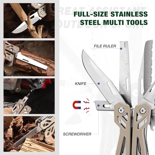 MOSSY OAK Multitool, 22-in-1 Stainless Steel Pliers with Screwdriver Sleeve, Desert Steel Handle, Self-locking Knife with Sheath-Perfect for Outdoor, Survival, Camping, Hiking, Simple Repair - color: 22-in-1, Desert
