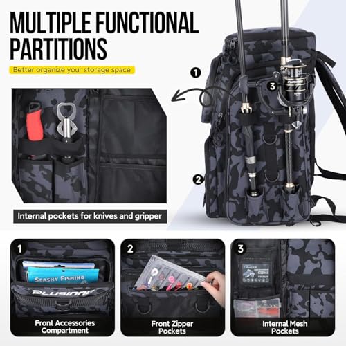 PLUSINNO Fishing Backpack with Fishing Rod Gear Holders Tackle Box, 42L Large Water-resistant Tackle Backpack Store Tools, Gear - color: Backpack With Rod