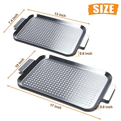 Grill Pan Set of 2, BBQ Grill Topper for Outdoor Grill, Stainless Steel Grilling Baskets with Holes and Handles, Perforated Food Tray Barbecue Accessories for Vegetable, Fish, Meat, Seafood