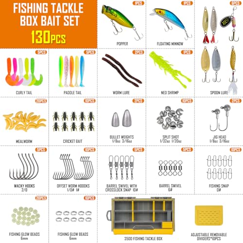THKFISH 130PCS Compact Fishing Tackle Kit, All-in-One Fishing Gear Lure Bait Accessories Kit for Freshwater Bass Trout, Perfect Father Day Gifts for Men Dad Anglers